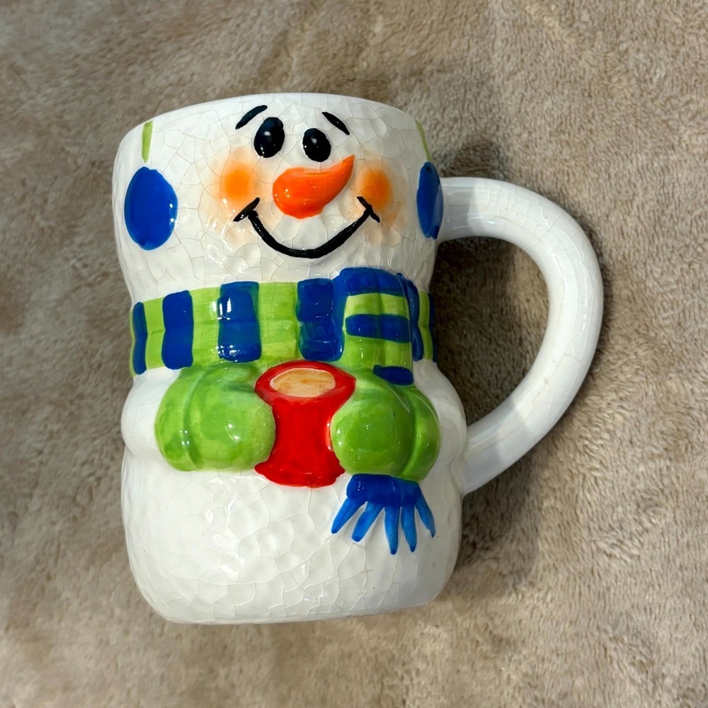Bay Island Snowman Coffee Mug Christmas Holiday Ceramic Cup Hand Painted Crackle